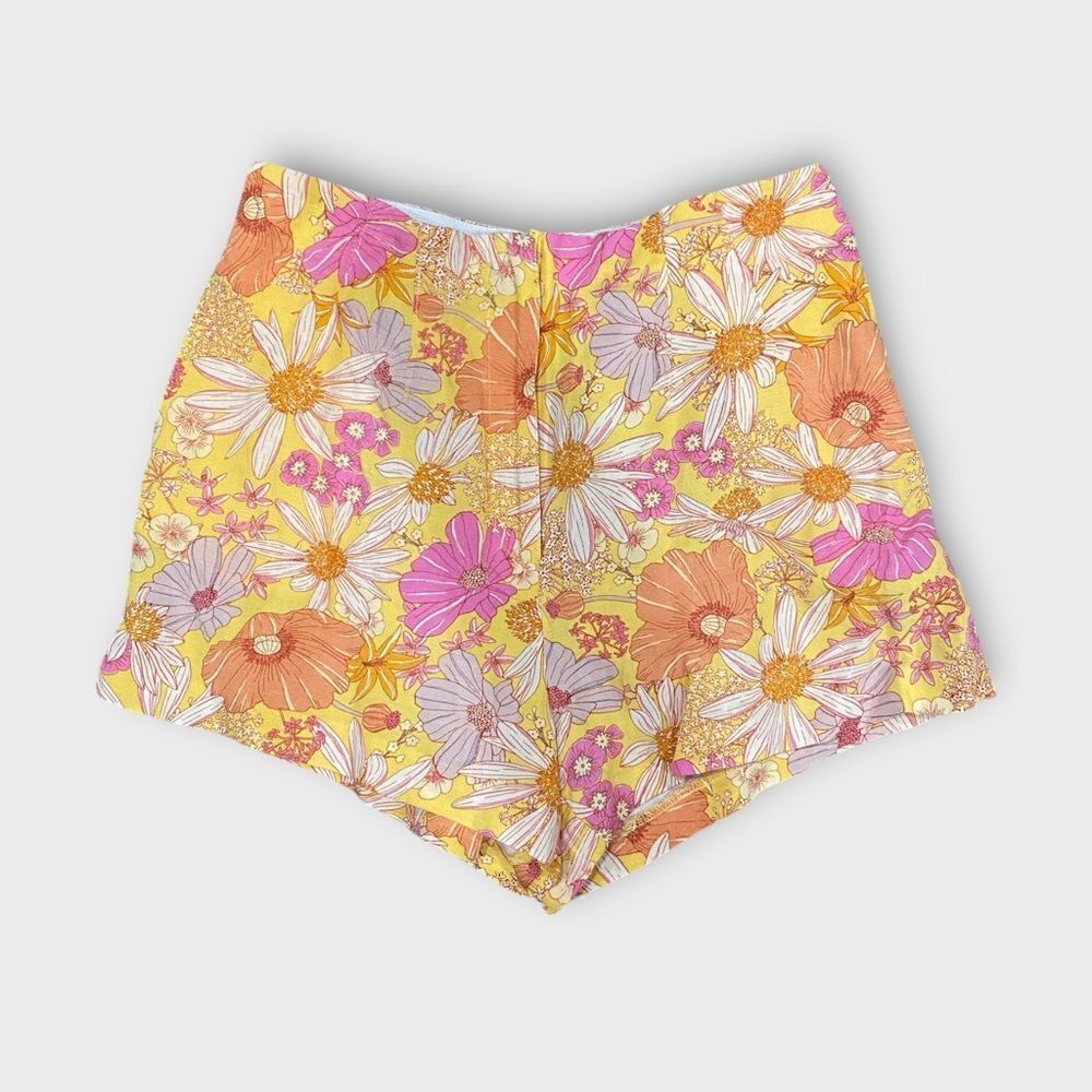 H&M Yellow Floral High-Waist Shorts with Pink and Orange Accents